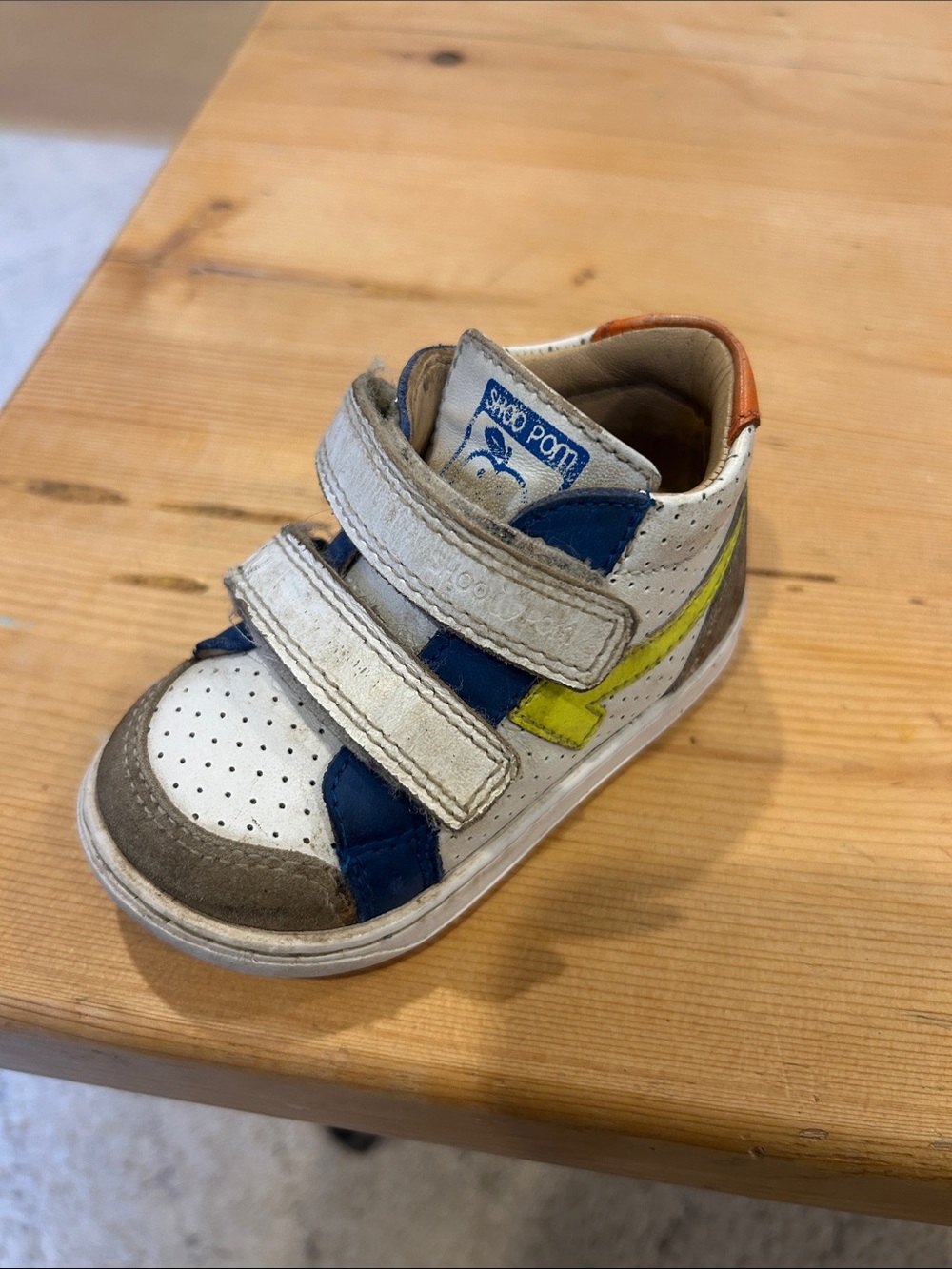 Bobux White Leather Kids Sneaker with Blue and Yellow Accents